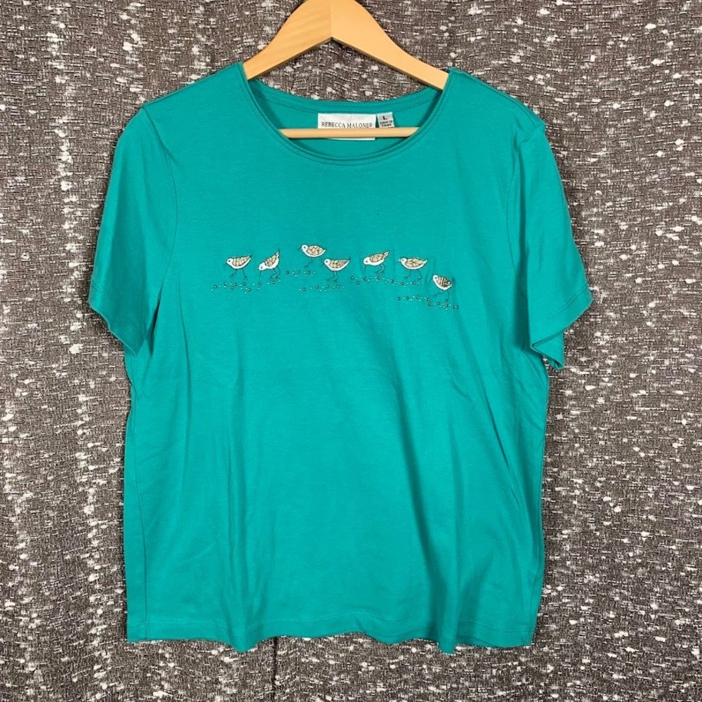 Rebecca Malone Teal Green Embroidered Shorebird Short Sleeve Shirt Women's Large